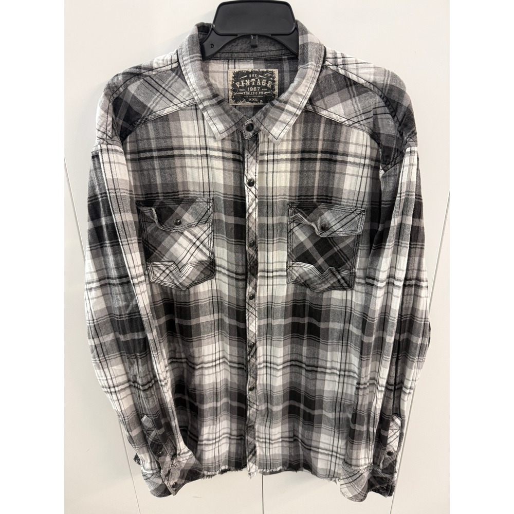 BKE Vintage Mens XXL Plaid Flannel‎ Shirt Black White Athletic Fit Frayed Hem